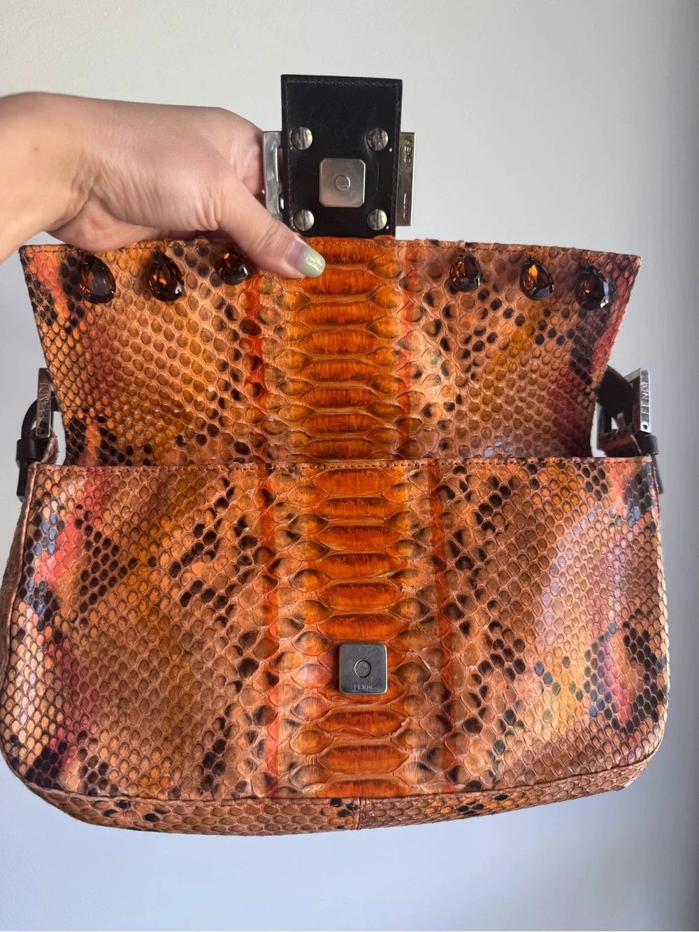 Fendi Orange and Black Python Shoulder Baguette Bag